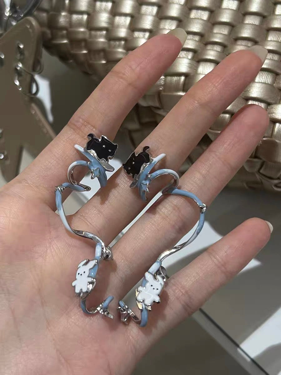 Skating in the Snow 18K Platinum Plating Black Cat & White Dog Detachable Earrings & Cuffs