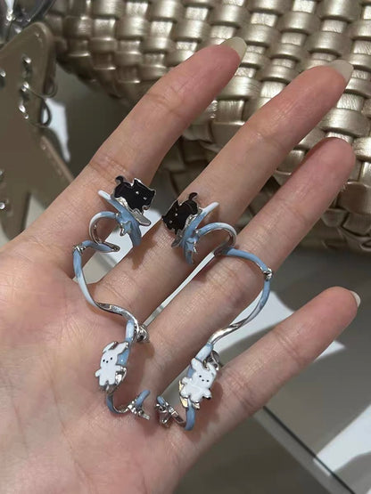 Skating in the Snow 18K Platinum Plating Black Cat & White Dog Detachable Earrings & Cuffs