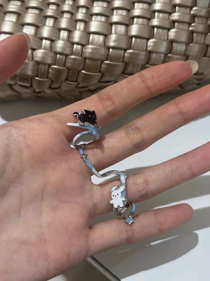 Skating in the Snow 18K Platinum Plating Black Cat & White Dog Detachable Earrings & Cuffs