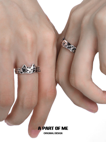 Graffiti Cat & Dog S925 Sterling Silver Couple Rings