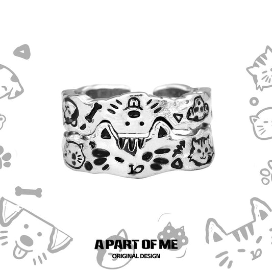 Graffiti Cat & Dog S925 Sterling Silver Couple Rings