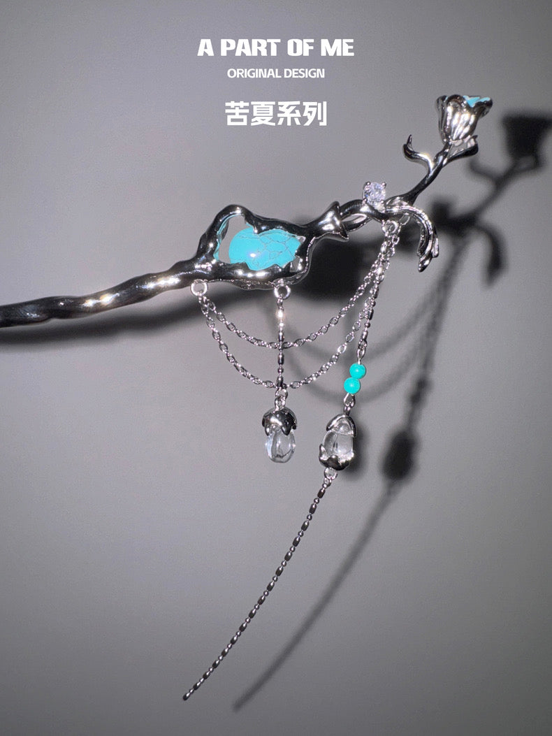 Bitter Heart 18K Platinum Plating Turquoise Tassel Hairpin