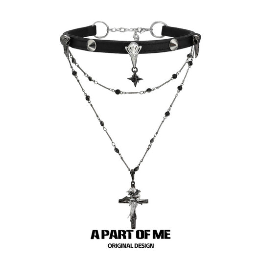 Crow Collection 18K Platinum Plated Cross Choker & Double Layered Necklace