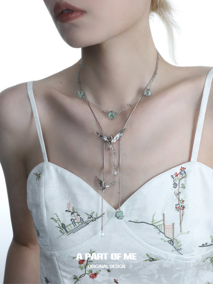 Stray Birds 18K Platinum Plating Green Fluorite Choker & Lariat Necklace